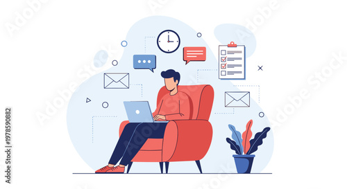 Young man works remotely on a laptop while sitting in a comfortable red armchair surrounded by various productivity and task icons.