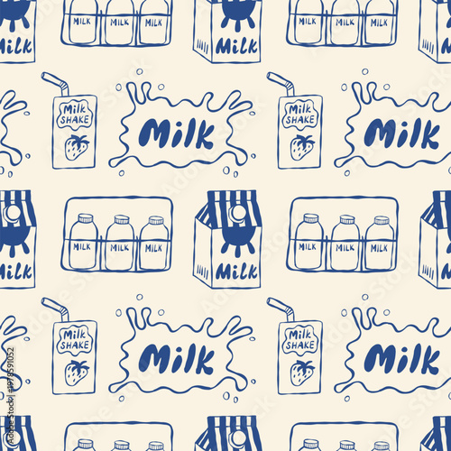Milk bottles and cartons in blue ink