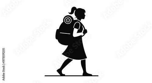 Minimalist vector graphic illustration of a young student walking while carrying a heavy school backpack daily