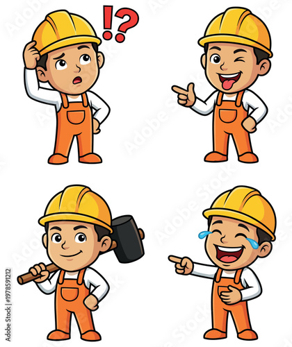 Set of hand drawn workers featuring questioning, winking, holding hammer, laughing tears, and expressive construction character illustrations