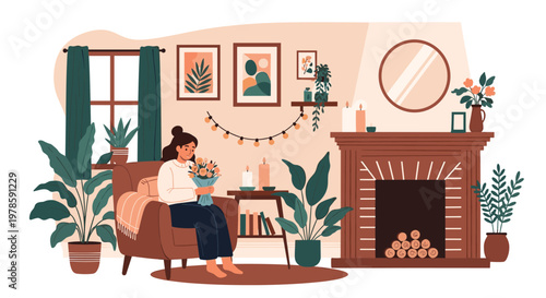 Relaxed woman sits in an armchair holding a bouquet of flowers in a beautifully decorated cozy living room with a fireplace.