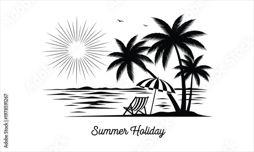 black and white tropical beach scene with palm trees and beach chair