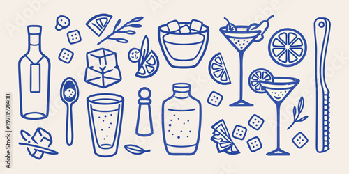 Hand drawn illustration of cocktails citrus and bar accessories