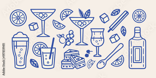 Collection of blue line art illustrations depicting cocktails snacks and glassware