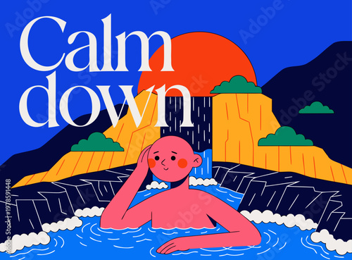 A man relaxes in a hot spring. Calm down. Calm. japan. onsen