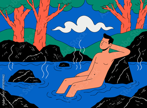 A man relaxes in a hot spring. Calm down. Calm. japan. onsen