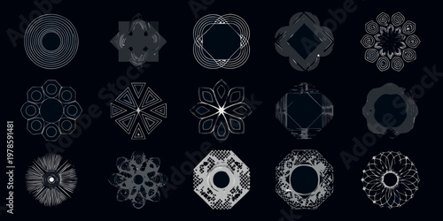 Geometric line art designs in varying shapes against a dark background