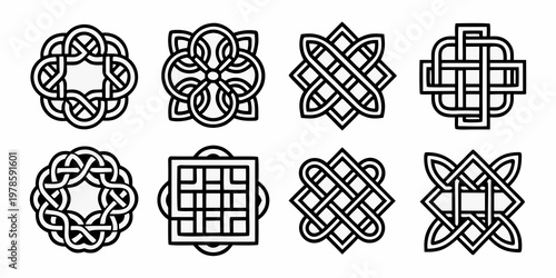 Collection of intricate black and white celtic knotwork designs displayed neatly