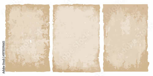 Three rectangular pieces of aged textured and stained parchment paper