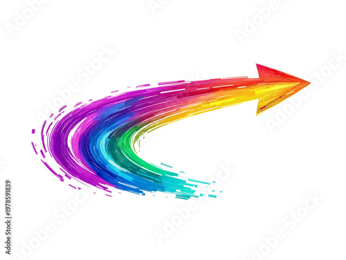 A dynamic rainbow brush stroke arrow curving upward with vibrant paint texture and bold colorful motion on a white background