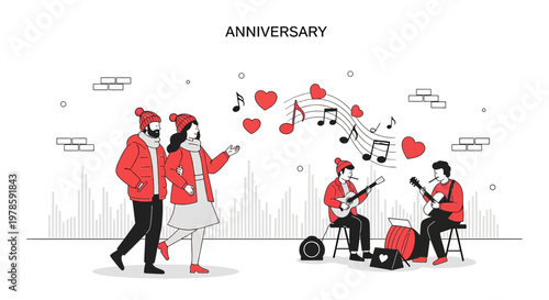 Couple Celebrating Anniversary with Live Music and Hearts Illustration