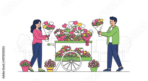 Couple Buying Flowers From Cart, Romantic Love Hearts Illustration