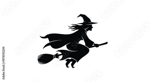 Dynamic vector illustration of a flying witch on a broomstick, a magical graphic design for Halloween.