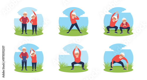 Active elderly couple performs a variety of different outdoor stretches and fitness exercises to maintain their health and mobility.