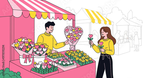 Couple Buying Hearts at a Flower Stall - Valentine's Day Market Illustration