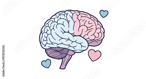 Brain with hearts symbolizing love thinking.