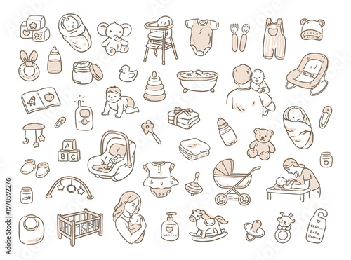 Cute hand-drawn baby shower doodle collection in neutral tones. Featuring essential baby gear, toys, newborns, and nursery items. Trendy minimalist aesthetic for invitations and parent-child designs.