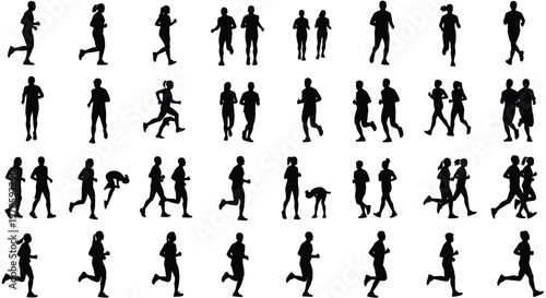 Collection of diverse people silhouettes performing various running and walking activities for a clean vector design