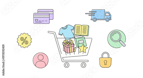 Shopping cart with various items inside.