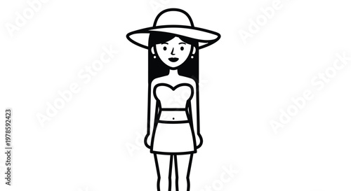 Minimalist vector illustration featuring a fashionable young woman wearing a wide brim sun hat and dress