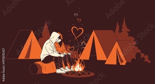 Couple Camping Love Story: Romantic Heart Illustration by Campfire
