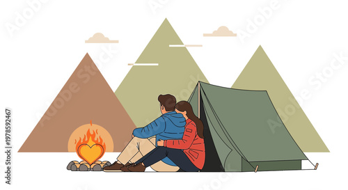 Couple Camping Together, Romantic Campfire, Mountains, Tent, Love Illustration