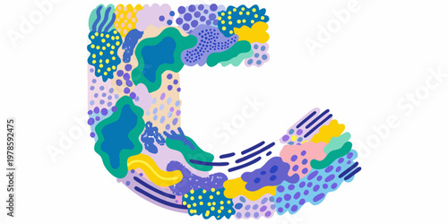 Abstract letter c composed of colorful patterned shapes and textures