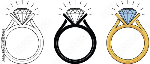 set of professional diamond ring icons, featuring engagement jewelry in outline black silhouette and colored styles, elegant vector illustration collection for wedding design, romance themes