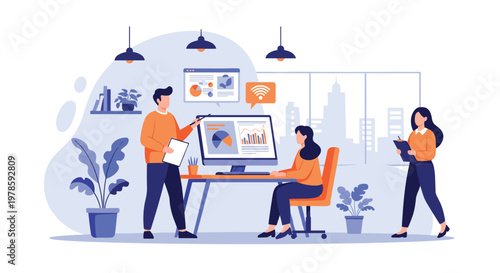 Dedicated business team analyzes financial data and performance charts on a large computer screen in a professional city office.