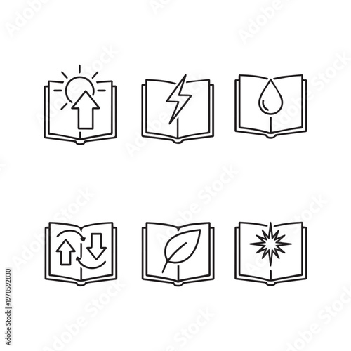 Open Book Icons with Symbols Keywords: book, open book, icons, symbols, education, knowledge