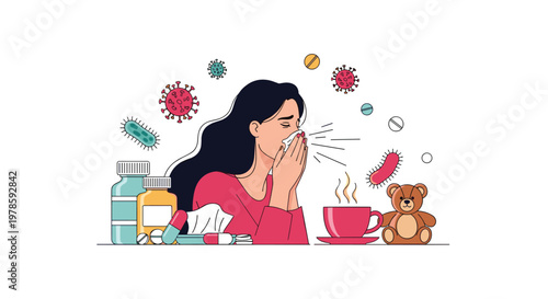 Ill woman sneezes into a tissue while surrounded by various icons of viruses, bacteria, pills, and hot tea representing a cold or flu.