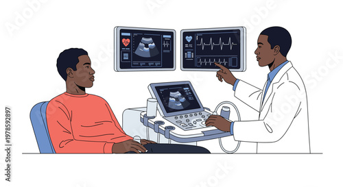 Professional doctor explains ultrasound imaging results to a male patient using multiple digital monitors in a medical diagnostic room.