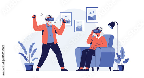 Active elderly couple experiences immersive entertainment and fun using virtual reality headsets in their modern living room.