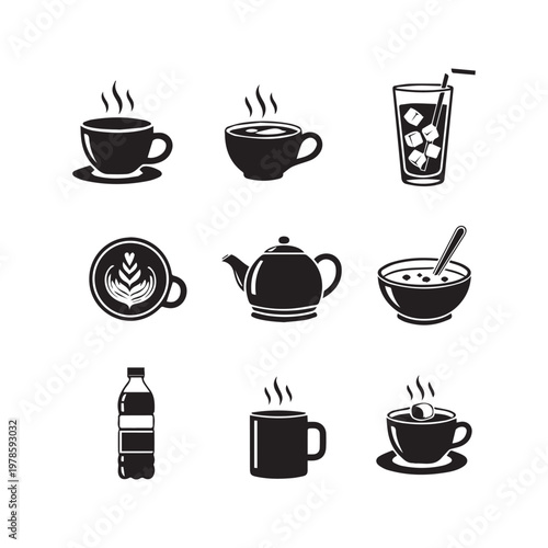 Set of nine beverage and drink icons coffee
