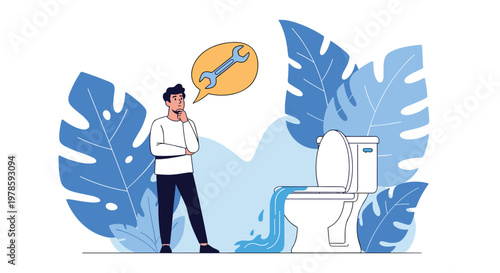 Concerned man stands next to a leaking toilet and thinks about using a wrench to fix the plumbing problem in his home bathroom.