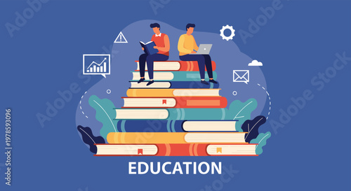 Two dedicated students read a book and work on a laptop while sitting atop a massive pyramid of colorful academic textbooks.