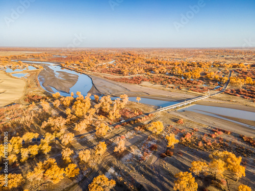 Fotografi Aerial View of Lop Nur People Village in Yuli, Xinjiang, with Tarim River and De