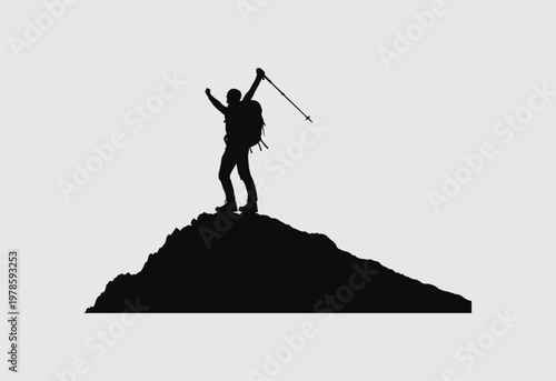 A silhouette of a triumphant hiker standing on top of a mountain peak with a raised walking pole
