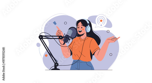 Enthusiastic woman records a podcast or hosts a live radio show using a professional microphone and headphones in a studio.