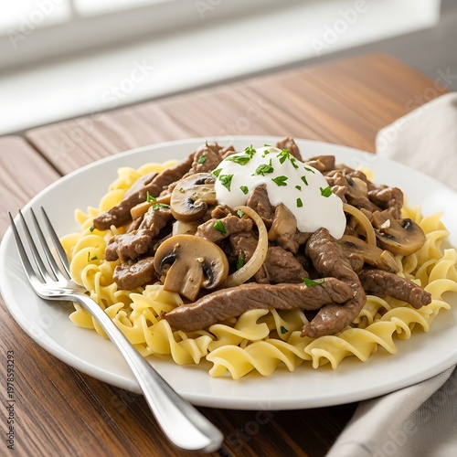 Delicious Beef Stroganoff with Egg Noodles and Sour Cream.