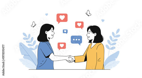 Two female professionals shake hands in agreement while being surrounded by digital heart and speech bubble icons for social networking.
