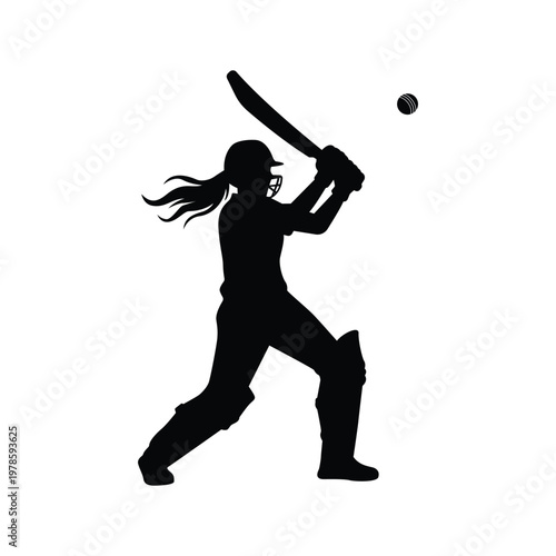 Silhouette of a female cricket player hitting a powerful shot, isolated on transparent background.