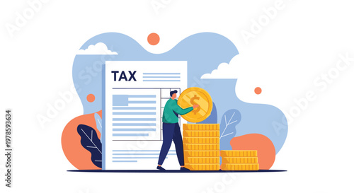 Diligent businessman stacks gold coins in front of a large tax document to manage his financial obligations and expenses.