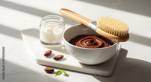 Natural cosmetic ingredients and tools arranged for a spa treatment featuring a bowl of rich chocolate mask a glass jar with creamy substance a wooden bristled brush and small botanical seeds on