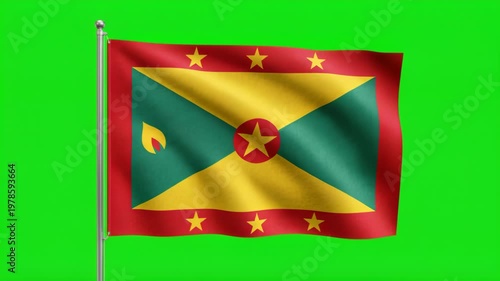 Waving Grenada National Flag on Green Screen Background