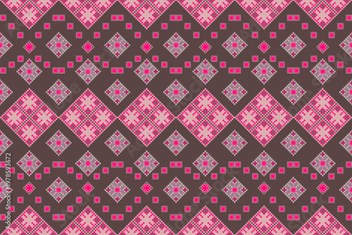 A seamless ethnic-style pattern combining diamond and square motifs in green and blue tones over a gradient brown-to-navy background — ideal for textiles, wallpapers or decorative surfaces.