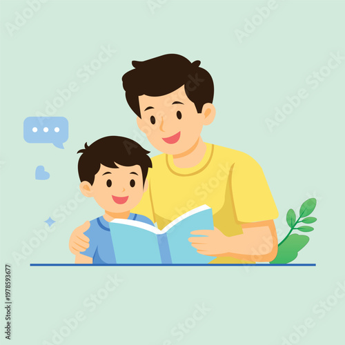 Father and Son Reading Book Flat Illustration – Parenting and Education Concept