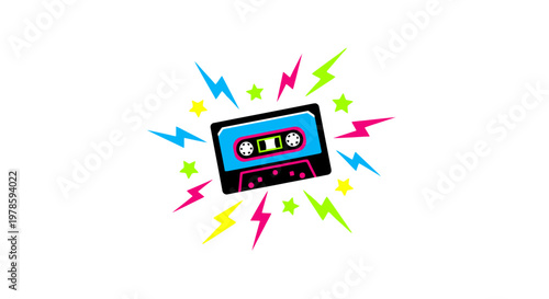 Colorful cassette tape with lightning bolts.