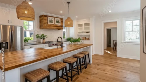Modern farmhouse kitchen interior with a large wooden island, white cabinets, and light wood flooring, featuring a bright and clean design.
