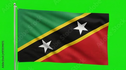 Waving Saint Kitts and Nevis National Flag on Green Screen Background